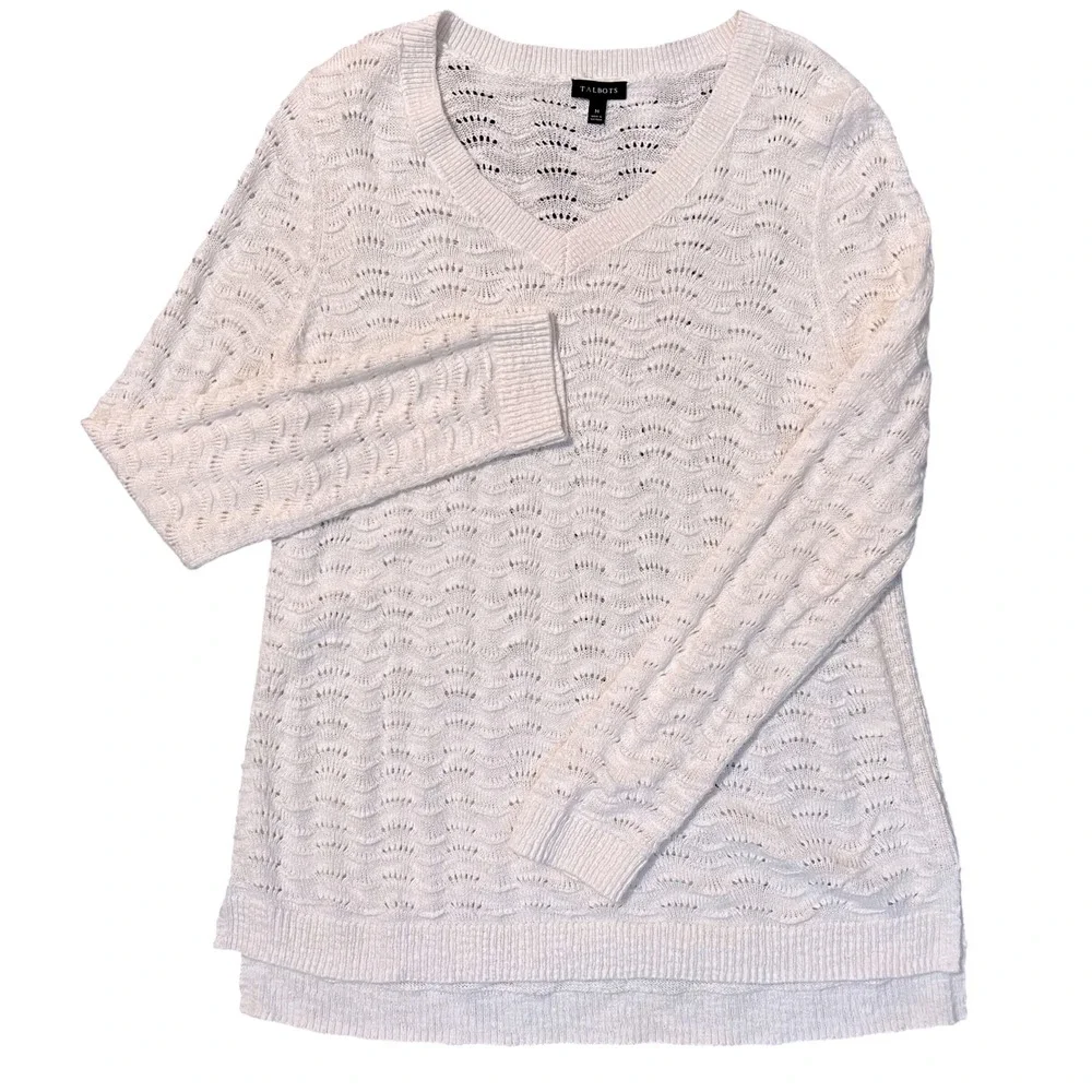 Talbots Womens Pointelle Lightweight Open Knit Sweater White‎ Cottagecore Medium